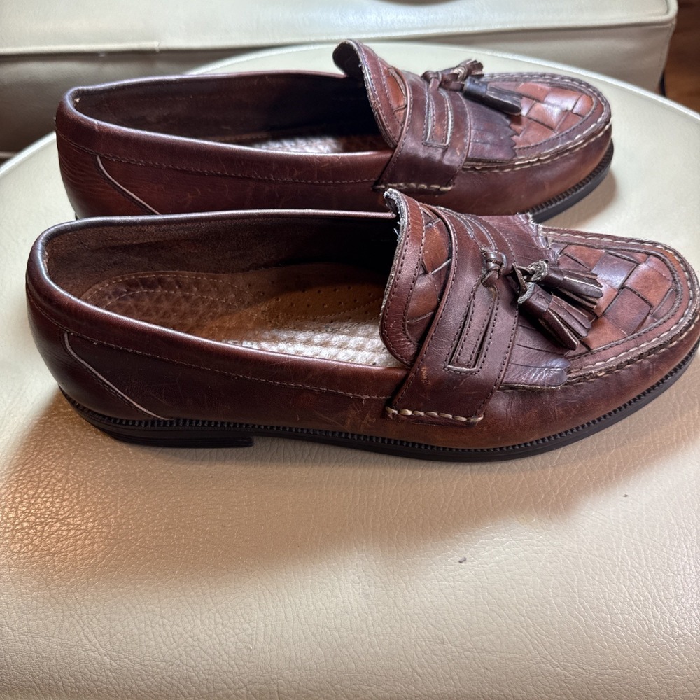 Vintage 90s Brown Hush Puppies Lancer Woven Leather Tassel‎ Loafers 11 - Picture 3 of 11